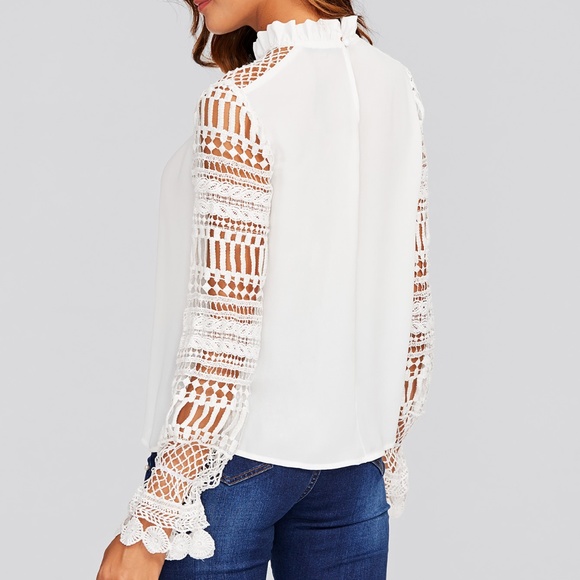 LAST ONE!! Lace Sleeve Frilled Tie Neck Blouse - Picture 4 of 7